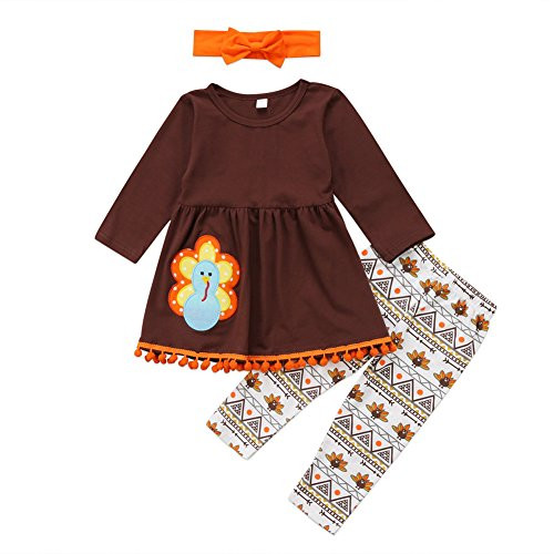 3Pcs Kids Toddler Baby Girls Turkey T Shirt Top Dress Pants Headband Thanksgiving Outfit Clothes Set  5T  Brown
