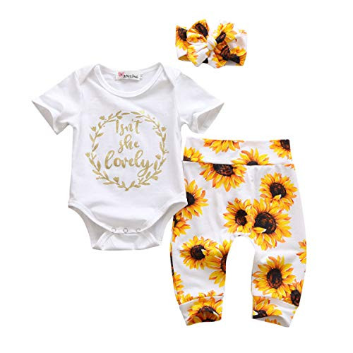Newborn Infant Baby Girls Outfit Isn t She Lovely Romper Top   Sunflower Pants Headband Clothes Set  White   Sunflower Short  0 6 Months