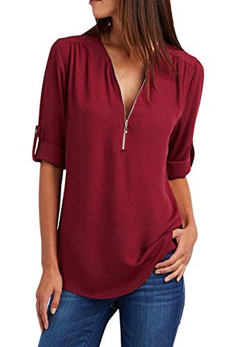 YMING Womens V Neck Blouse Zipper Chiffon Top Casual Summer Shirt Wine Red S
