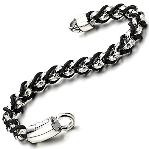 COOLSTEELANDBEYOND Unique Mens Stainless Steel Greek Key Pattern Link Chains Bracelet Interwoven with Black Leather