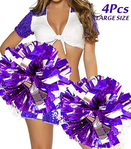 4Pcs Large Cheerleader Pom Poms  Pom Poms Cheerleading Metallic Foil   Plastic Ring Pompoms Cheerleader  Cheerleading Poms Accessory Pompoms Cheer for Sports Team Spirit Cheering  Purple Silver