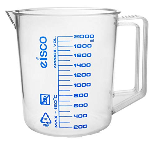 Measuring Jug  2000ml   Polypropylene   Screen Printed Graduations  Spout   Handle for Easy Pouring   Excellent Optical Clarity   Eisco Labs