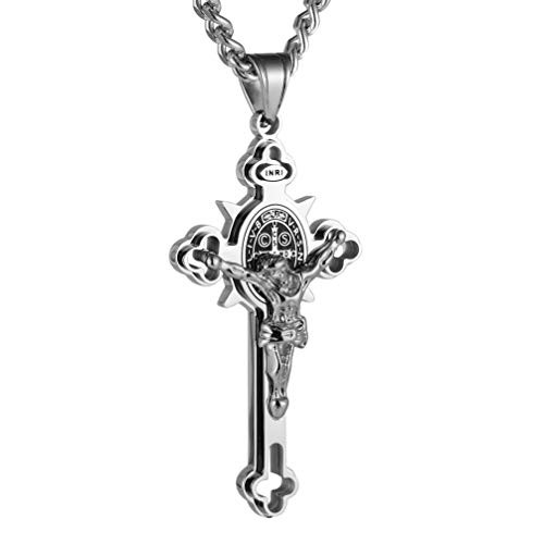 HZMAN Stainless Steel Saint St St  Benedict Crucifix Cross Pendants Necklace INRI  Large Silver
