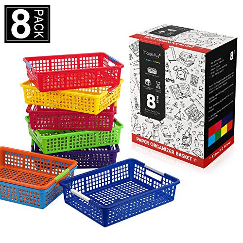 Magicfly Paper Organizer Basket, Pack of 8, Colorful Plastic Bins with Handles, Classroom Office File Holder, Plastic Baskets Organization Trays for School Supplies, Drawers, Office, Bonus Paper Clips