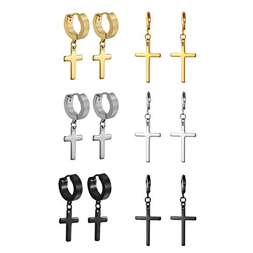 Aroncent Men s Womens Stainless Steel Cross Dangle Hinged Stud Earrings Piercing Christmas Cross Huggie Hoop Earrings Gift for Men Women Wedding Valentine s Day