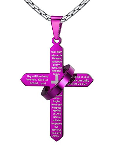 Aoiy Stainless Steel Lord s Prayer Cross Halo Pendant Necklace  Purple  23   Link Chain  ddp057zi