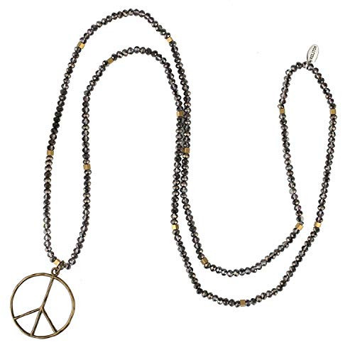 KELITCH Classic Peace Sign Necklace Love Hippie Pendant Frosted Crystal Beaded Necklace  Black Purple V