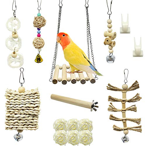 Deloky 15 Packs Bird Parrot Swing Chewing Toys Natural Wood Hanging Bell Bird Cage Toys Suitable for Small Parakeets Cockatiels Conures Finches Budgie Macaws Parrots Love Birds Natural 15pcs Deloky 15 Packs Bird Parrot Swing Chewing Toys Natural Wood Hanging Bell Bird Cage Toys Suitable for Small Parakeets Cockatiels Conures Finches Budgie Macaws Parrots Love Birds Natural 15pcs