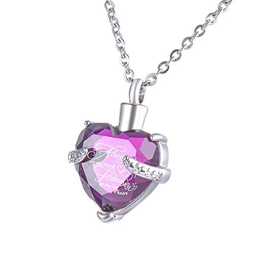 HooAMI Purple Crystal Heart Cremation Urn Necklace for Ashes Urn Jewelry Memorial Pendant   Always on My Mind Forever in My Heart
