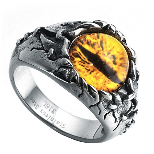 HIJONES Men s Stainless Steel Gothic Biker Dragon Eye Ring Yellow Gem Stone  Vintage Size 8