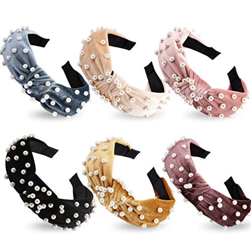 Gafatory 6 Pack Velvet Wide Headbands Pearl Headband Knotted headbands for Women Girls Turban Headbands Elastic Hair Hoops Velvet Wide Headband Cross Knot Headband  Fashion Retro Hair Accessories Gifts