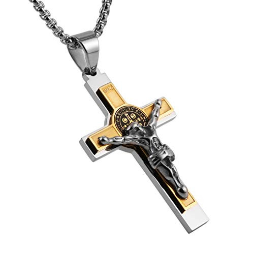 HZMAN Religion Stainless Steel Saint St St  Benedict Crucifix Cross Silver Gold Pendants Necklace Gift