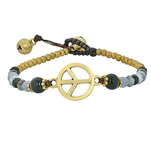 AeraVida Vintage Peace Sign with Simulated Black Onyx   Simulated Quartz Beads   Fashion Brass Beads Handmade Link Bracelet