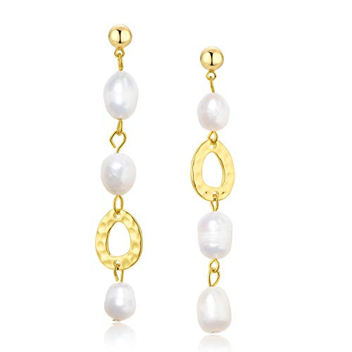 DearSquirrel Genuine Handpicked Freshwater Irregular Cultured Pearl 14K Gold Plated Brass Dangle Studs Earrings  Pearl Chain