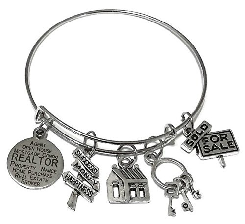 Kit s Kiss Realtor Bracelet  Realtor Jewelry  House  Key  Success  Money  Happiness Charm Bracelet  Realtor Bangle Bracelet  Real Estate Agent Dangle Charm Bracelet