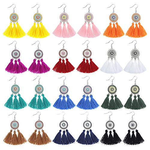 Sntieecr 12 Pairs Tassel Hoop Earrings Colorful Bohemia Fan Shape Drop Earrings Hanging Fringe Dangle Earrings for Women