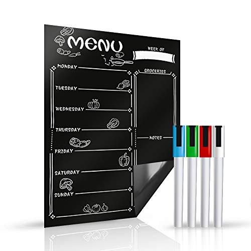 Magnetic Dry Erase Menu Board for Kitchen Fridge with Bright Neon Chalk Markers   17X12    Weekly Meal Planner Blackboard and Grocery List Notepad for Refrigerator   Whiteboard Chalkboard Magnet Pad