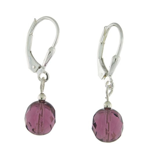 Sterling Silver 8mm Faceted Czech Crystal Bead Dangle Lever Back Earrings  Purple Sterling Silver 8mm Faceted Czech Crystal Bead Dangle Lever Back Earrings  Purple