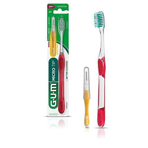 GUM Micro Tip Toothbrush  Compact Soft Bristles with Bonus Proxabrush Go Between  Pack of 6