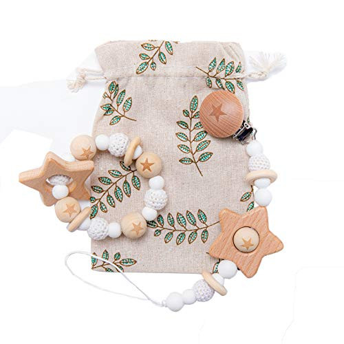 Biter teether 2pc Wooden Baby Pacifier Clip with Crochet Beads Teether Toys Organic Wooden Teething Rings BPA Free Silicone Beads Rattle Safe Montessori Toy for Infants and Toddlers