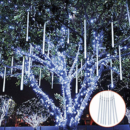 Falling Rain Decoration Lights  TOPIST Waterproof LED Meteor Shower Lights  30cm 8 Tube 144 LED Icicle Snow Fall String Cascading Fairy Lights for Party  Holiday  Xmas Tree  Garden  White