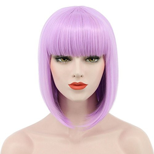 Karlery Women Short Straight Bob Fasion Wig Flat Bangs Cosplay Party Wig Costume Halloween Wig  Purple