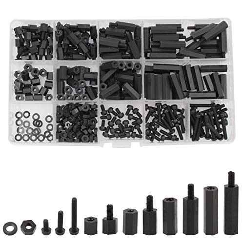 BokWin 320Pcs M3 Male Female Nylon Hex Spacer Standoff Screw Nut Threaded Pillar PCB Motherboard Assorted Assortment Kit  Black