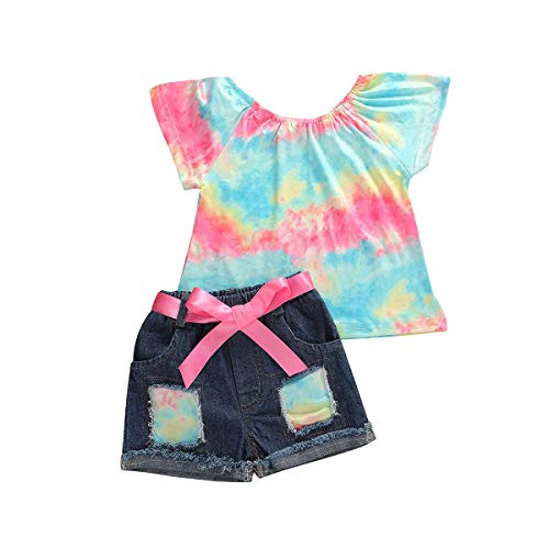 Toddler Kids Baby Girl Clothes Colorful Tie Dye T Shirt Top   Ripped Denim Shorts Pants Outfits 2Pcs Sets  Tie dye 2  3 4T