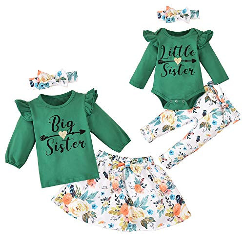 Toddler Baby Girls Sister Matching Outfits Baby Little Sister Romper Big Sister Tops   Floral Skirt Pants Clothes Set  Green Big Sister  18 24 Months