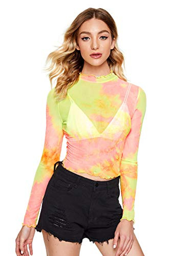 DIDK Women s Tie Dye Long Sleeves Mock Neck Mesh Sheer Crop Tops Tee Multicolor S
