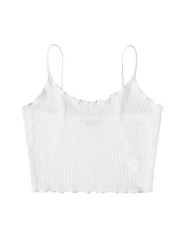 Verdusa Women s Spaghetti Strap Sleeveless Rib Knit Lettuce Trim Crop Cami Top White M