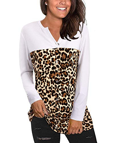 KILIG Women s V Neck Long Sleeve Casual Leopard Print Color Block T Shirt Loose Button Down Blouse Tunic Tops White Large