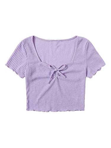 MakeMeChic Women s Solid Tee Ruch Front Lettuce Trim Short Sleeve Crop Top Lilac Purple XS