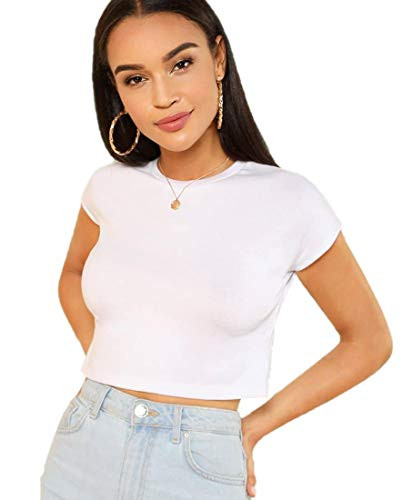 MakeMeChic Women s Solid Crop Top Casual Fitted Short Sleeve Tee White S