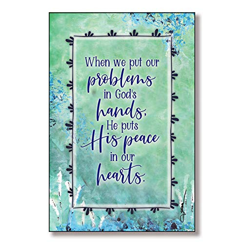 Problems Wood Plaque with Inspiring Quotes 6x9 - Classic Vertical Frame Wall & Tabletop Decoration | Easel & Hanging Hook | When we Put Our Problems in God's Hands, He Puts His Peace in Our Hearts.