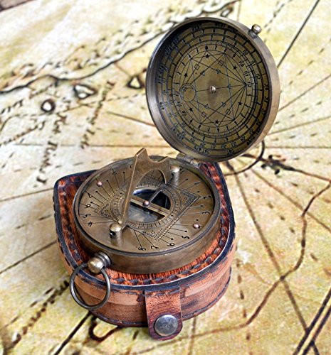 Vintage Brass Marine Replica Sundial Compass with Leather case Collectible Decor