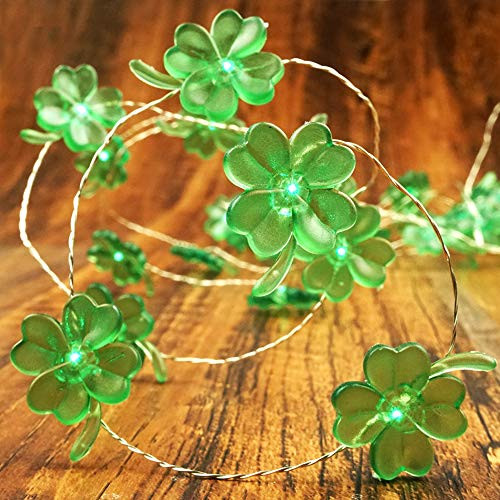 BOHON Decorative Lights Shamrocks LED String Lights Battery Operated with Remote 10 ft 40 LEDs Lucky Clover Handmade String Lights for Bedroom Party Feast of St. Patrick's Day Green Decoration