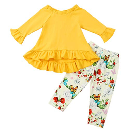 Toddler Baby Girl Clothes Butterfly Long Sleeve Ruffle Top and Floral Legging Pants Fall Winter Outfits Set  Yellow  12 18 Months