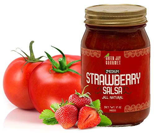 Green Jay Gourmet Strawberry Salsa   Strawberry Flavored Fruit Salsa   Medium Heat Picante Salsa   Gourmet Salsa Dip with No Preservatives   Gluten Free  Small Batch Natural Salsa Sauce   17 Ounces