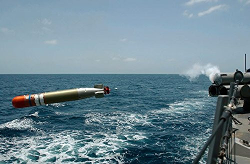 A recoverable MK 46 Exercise Torpedo is launched from the Guided Missile Destroyer USS Donald Cook Poster Print by Stocktrek Images  17 x 11