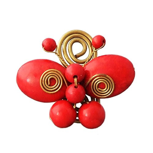 AeraVida Handmade Swirl Brass Reconstructed Red Coral Butterfly Free Size Ring