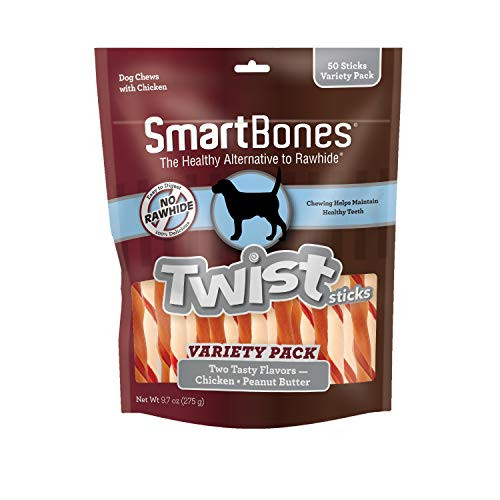 SmartBones Twist Sticks Variety Pack 50 Count  Rawhide Free Chews for Dogs Made with Real Chicken Or Peanut Butter  Model Number  SBM 00462