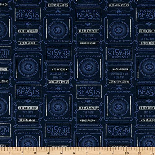 Camelot Fabrics Wizarding World Fantastic Beasts Newsprint   Symbols in Blue with Metallic Fabric  1  Fabric by the Yard