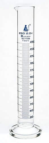 Measuring Cylinder  250ml   Class B  Tolerance  ±2 0ml   Borosilicate Glass  Blue Graduations   Round Base   Eisco Labs
