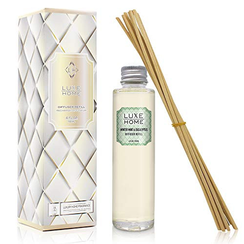 Luxe Home Winter Mint   Eucalyptus Reed Diffuser Refill Oil with Sticks   Herbal Essential Oil Blend   Liquid Air Freshener   Includes Replacement Reeds