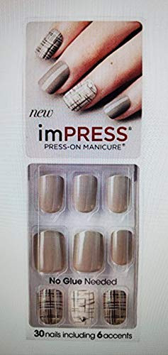 Impress by Kiss  1  Pack Press On Gel Manicure 30 False Nails including Accents   Taupe Light Gray Nails and Taupe   Cream with Brown  Gray  White   Gold Glitter Line Pattern Accents   Rainbow 79603