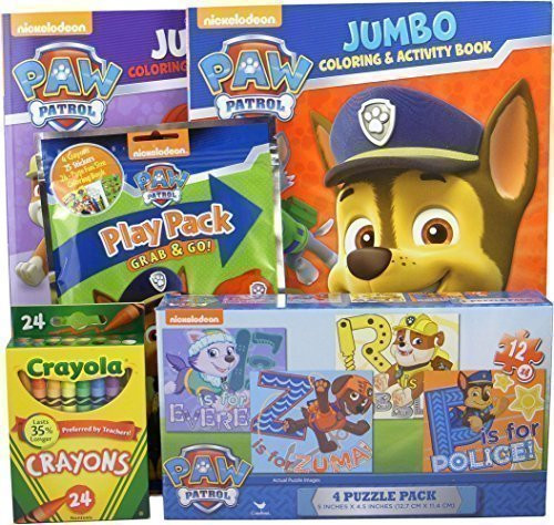 Bundle - 5 Items: Nickelodeon Paw Patrol 4-puzzle Pack, 2 Paw Patrol Coloring and Activity Books, Paw Patrol Grab & Go Play Pack, Pack of 24 Crayola Crayons