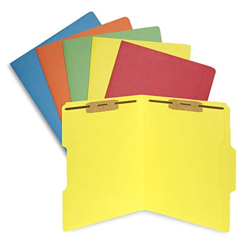 50 Assorted Color Fastener File Folders - 1/3 Cut Reinforced tab - Durable 2 Prongs Bonded Fastener Designed to Organize Standard Medical Files, Law Client Files, Office Reports - Letter Size