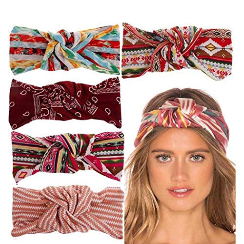 Victray Boho Criss Cross Headband Elastic Flower Turban Head Wrap Printed Wide Cotton Knotted Hairband Floral Non Slip Headbands for Women and Girls  Pack of 5