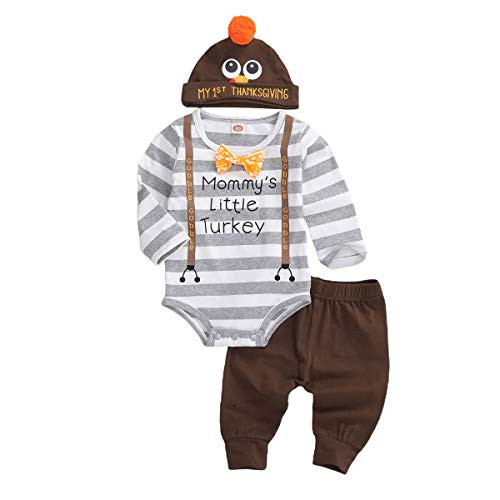 GOOCHEER Newborn Infant Baby Boy Thanksgiving Outfit Turkey Romper Pants Set with Hat Thanksgiving Baby Boy Clothes 0 18M  Stripes  6 9 Months